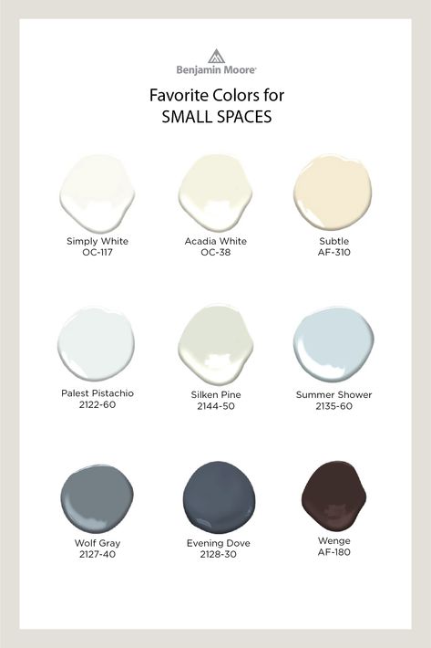 Get creative with color in small spaces, from studio apartment ideas to making the most out of your home’s painted accent walls, hallways, alcoves and other nooks. Here are some of our favorite Benjamin Moore colors for small spaces. Best Colour For Small Bedroom, Best Color For Small Living Room, Best Small Entryway Paint Colors, Color Palette Small Spaces, Wall Colors For Office Small Spaces, Hallway With Cupboards, Colors For Small Living Room Walls, Paint Colors For Studio Apartment, Benjamin Moore Paint Color Palettes