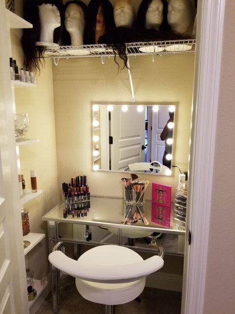 Small closet vanity Closet Make Up Area, Closet To Makeup Station, Closet Makeup Vanity Ideas, Makeup Station In Closet Small Spaces Vanity Ideas, Small Get Ready Room Ideas, Closet Into Makeup Vanity, Vanity In A Closet Ideas, Turning Closet Into Vanity, Diy Closet Vanity Small Spaces