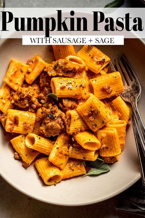 Ground Italian Sausage Recipes, Pumpkin Sausage Pasta, Creamy Green Sauce, Pumpkin Pasta Sauce Recipe, Pumpkin Pasta Bake, Creamy Pumpkin Pasta, Pumpkin Pasta Recipe, Pumpkin Sausage, Pumpkin Pasta Sauce