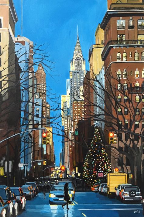 New York Christmas Aesthetic, Christmas In New York, New York Painting, Christmas Aesthetic Wallpaper, 강아지 그림, Nyc Art, City Painting, Chrysler Building, New York Photos