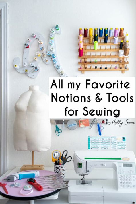 My Favorite Sewing Notions, Supplies & Accessories - Melly Sews Sewing Gadgets, Basic Sewing Kit, Melly Sews, Sewing Machine Needles, Washable Markers, Sewing Machine Accessories, Fabric Scissors, Crafts To Make And Sell, My Sewing Room