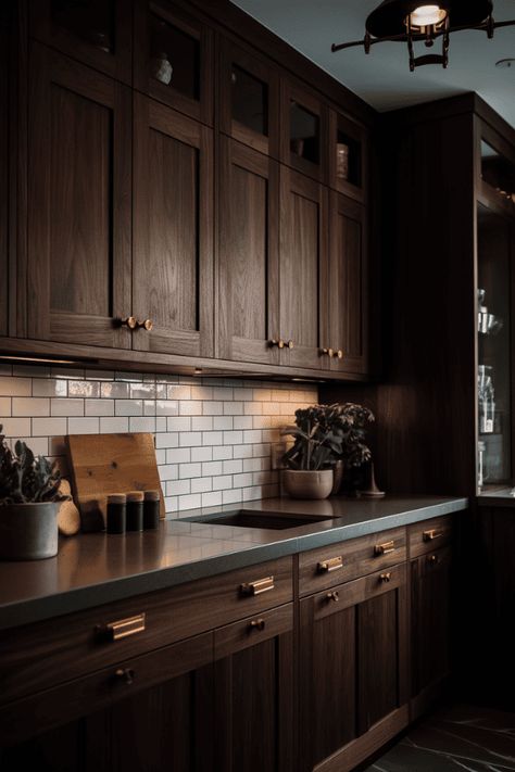 Dark brown cabinets add warmth and depth for a rich and elegant look, especially when paired with lighter countertops and backsplashes. #DIY #HomeDecor #InteriorDesign Dark Brown Kitchen, Dark Wood Kitchen Cabinets, Diy Kitchen Cabinets Painting, Brown Kitchen Cabinets, Dark Wood Kitchens, Interior Design Per La Casa, Brown Cabinets, Interior Vintage, Brown Kitchens