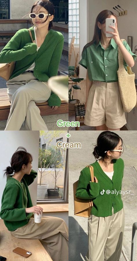 Green And Cream Outfit, Color Matching Clothes, Green Color Combinations, Mix Match Outfits, Simple Style Outfits, Colour Combinations Fashion, Color Combos Outfit, Color Combinations For Clothes, Business Casual Outfits For Work