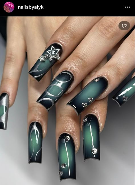 Green Acrylics, Green Aura, Black Acrylic Nails, Airbrush Nails, Goth Nails, Grunge Nails, Green Nail, Nail Sets, Bling Acrylic Nails