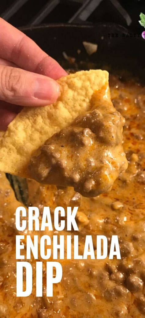 Enchilada Crack Dip recipe, wow, reader favorite its so addictive! #dip #mexicandip Dips And Chips Recipes, Best Dips With Tortilla Chips, Best Dip For Tortilla Chips, Snacks To Share Parties, Cheap Party Dips, Siete Tortillas Recipes, Hot Dips Recipes, Football Dips Recipes Parties, Hot Dips For Parties Appetizers