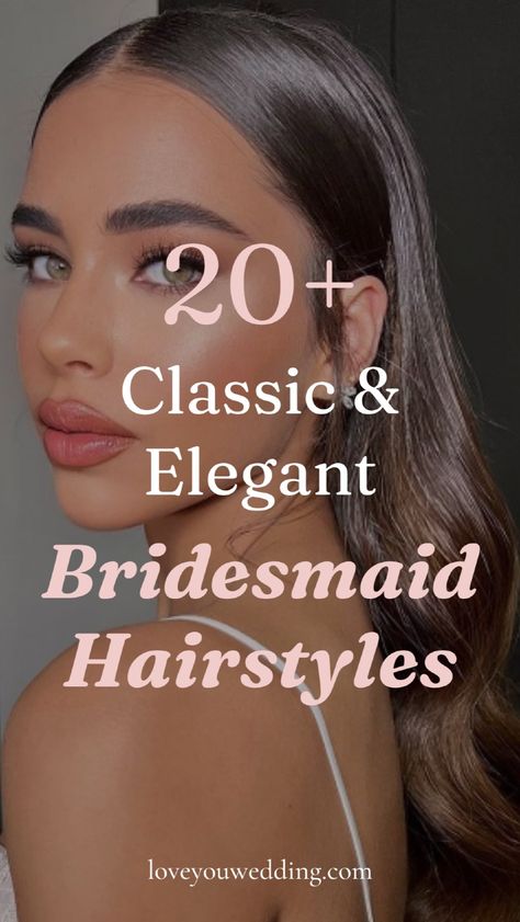 Need classic and elegant bridesmaid hair ideas? Discover 20 beautiful classic bridesmaid hairstyles for long, short, and medium-length hair. From sleek to classic to elegant, we have the best classic wedding hairstyles for bridesmaids! Wedding beauty Bridesmaid Hair One Shoulder Dress Style, Bridesmaid Hair Down Styles, Straight Hairstyles For Bridesmaids, Bride Maids Hair Styles, Wedding Guest Down Hairstyles, Hair Styles Based On Neckline, Hairstyle Bridesmaid Long Hair, Bridesmaid Down Do, Hairstyles For Medium Length Hair Bridesmaid