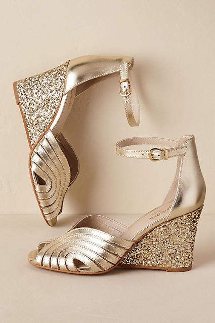 Anthropologie Bess Wedges Wedding Shoes Gold, Trendy Wedding Shoes, Bridal Shoes Wedges, Bridal Wedges, Sparkly Wedding Shoes, Gold Wedding Shoes, Wedge Wedding Shoes, Gold High Heels, Gold Wedges