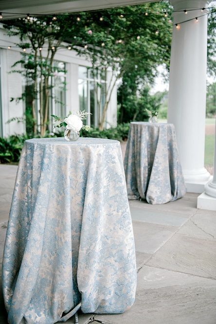 Blue Linen Tablecloth Wedding Reception, Blue Patterned Tablecloth Wedding, Blue Floral Linen Wedding, Blue And White Cocktail Table, Banquet Room Wedding Reception Ideas, Navy Green And White Wedding, Blue And Green Wedding Reception, Blue Green Silver Wedding, Daniel Island Club Wedding