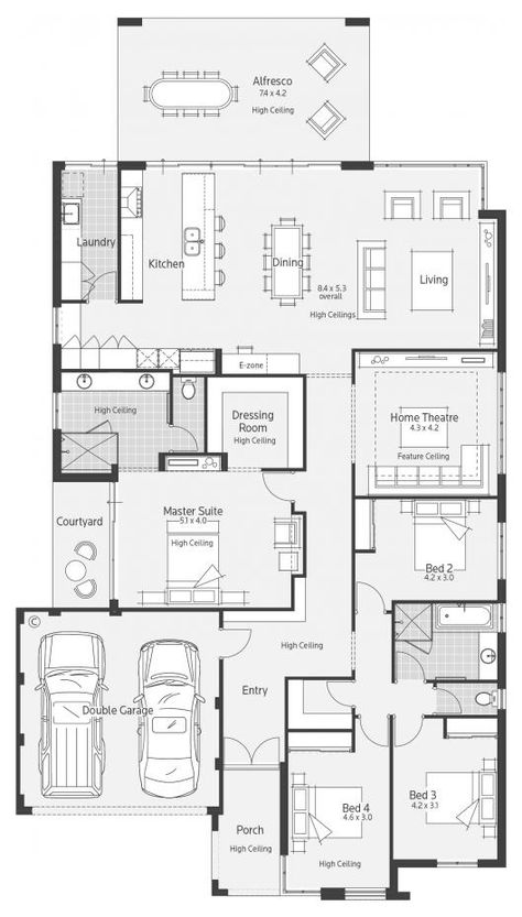 Marrakech Display Home - Lifestyle Floor Plan Second Bathroom, Rv Garage, 4 Bedroom House Plans, Home Design Floor Plans, House Layout Plans, Family House Plans, Theatre Room, House Blueprints, 4 Bedroom House