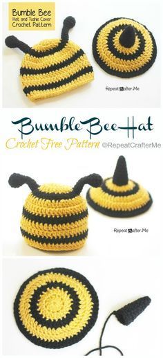 Baby Bumble Bee, Bee Hat, Crochet Baby Photo Prop, Repeat Crafter Me, Crochet Baby Beanie, Crocheted Hats, Baby Crochet Patterns Free, Crochet Hat Free, Crochet Bee