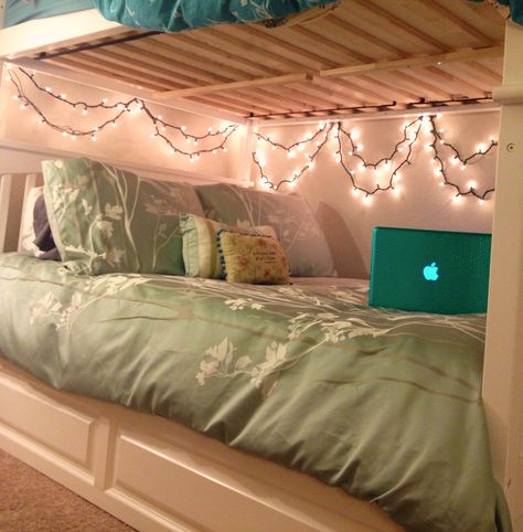 Bottom bunk style for college students! #lights #mac #bunkbeds Bottom Bunk Decor, Bottom Bunk Ideas, Bunk Bed Decorating Ideas Lights, Bunk Bed Decor, Bunk Bed Decorating Ideas, Best Bedroom Ideas, Beautiful Dorm Room, Bottom Bunk, Bunk Bed Designs