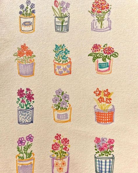 Pencil Crayon Drawing Easy, Flower Doodles Easy, Cute Flower Doodles, Mini Flower Garden, Flower Garden Drawing, Cute Flower Drawing, Flower Doodle, Garden Drawing, Cute Doodles Drawings