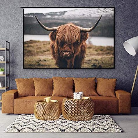 Yak Canvas Wall Art Cow Bedroom Ideas, Highland Cow Room, Highland Cow Bedroom, Ankole Cow, Office Furniture Makeover, Deer Antler Lamps, Cattle Painting, Office Interior Design Creative, Cow Room