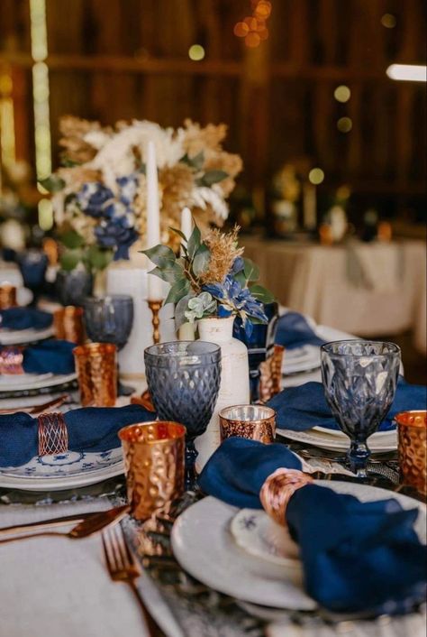 Blue Themed Fall Wedding, Navy Wedding Mood Board, Navy Blue And Copper Wedding Table Decor, Navy Blue And Rust Boho Wedding, Steel Blue And Burnt Orange Wedding, Navy And Rust Wedding Centerpieces, Dusty Blue And Copper Wedding Theme, Terracotta And Blue Wedding Decor, Terracotta And Blue Centerpieces