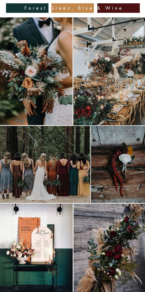 Forest Green Wedding, Unique Wedding Colors, Fall Wedding Color Schemes, Wedding Color Combinations, Wedding Color Pallet, Wedding Color Combos, Green Wedding Colors, Winter Wedding Colors, Wedding Themes Fall