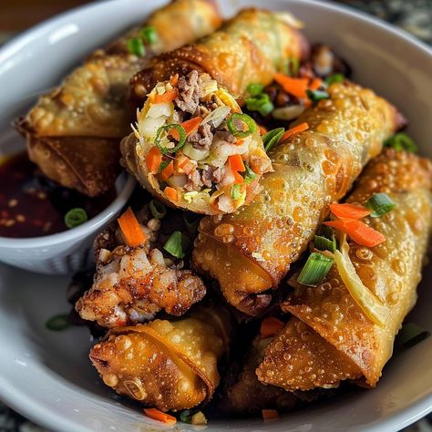 🌊🍖 Combine the best of land and sea with these Surf and Turf Eggrolls! #SurfAndTurfEggrolls #FusionCuisine 🍽️ Surf and Turf Eggrolls with Steak, Shrimp, and Crawfish 🛒 Ingredients: 200 grams steak, finely chopped 100 grams shrimp, chopped 100 grams crawfish, chopped 50 grams cabbage, shredded 30 grams carrot, julienned 10 egg roll wrappers 2 tablespoons soy sauce (30 ml) Salt and pepper to taste Oil for frying 👩‍🍳 Instructions: Prepare Filling: In a bowl, mix steak, shrimp, crawfish, cabb... Shrimp And Crawfish, Egg Roll Wrapper, Steak Shrimp, Cabbage Carrot, Instagram Recipes, Twisted Recipes, Egg Roll Wrappers, Gourmet Snacks, Surf And Turf