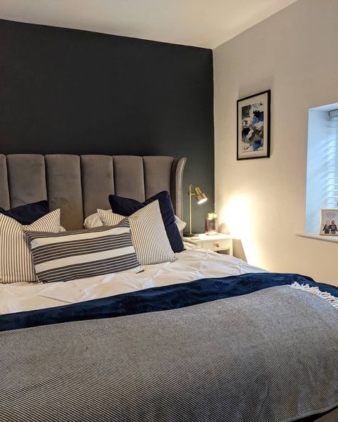 Navy Wall Grey Bed, Grey Bed Furniture Ideas, Dark Grey Velvet Bed, Dark Gray And Blue Bedroom, Grey Bed Blue Walls, Master Bedrooms Decor With Grey Bed, Velvet Grey Bed, Dark Grey Bed Headboard, Room With Grey Headboard