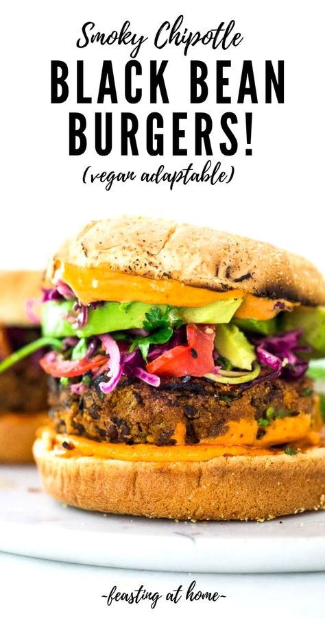 A quick and easy recipe for Smoky Chipotle Black Bean Burgers that can be made in under 30 minutes! Vegan adaptable and perfect for weekly meal prep! #blackbeanburger #veggieburger #veganburger #burger Homemade Vegan Burgers, Black Bean Burger Recipe, Meatless Mains, Vegan Burger Recipe, Black Bean Burger, Veg Snacks, Weekly Meal Prep, Veggie Burgers Recipe, Grilled Food