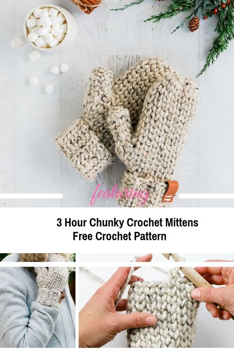 3 Hour Easy Pattern For Crochet Mittens In One Piece - Knit And Crochet Daily Crochet Mitts, Crochet Mittens Free Pattern, Pattern For Crochet, Crochet Mittens Pattern, Crochet Mittens, Mittens Pattern, Crochet Gloves, Very Cold, Chunky Crochet