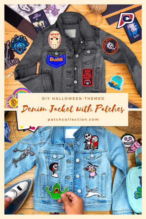 Transform your toddler's denim jacket into a spooktacular Halloween fashion statement! Discover creative DIY ideas with iron-on patches in this blog post. Get inspired for a fun and festive Halloween look for your little one. 🎃👻 #DIYHalloween #ToddlerFashion #HalloweenPatches Diy Patch Denim Jacket, Jean Jacket Patches Ideas, Denim Patches Diy, Denim Jacket With Patches, Halloween Jacket, Jacket With Patches, Jean Jacket Patches, Patch Collection, Denim Jacket Patches