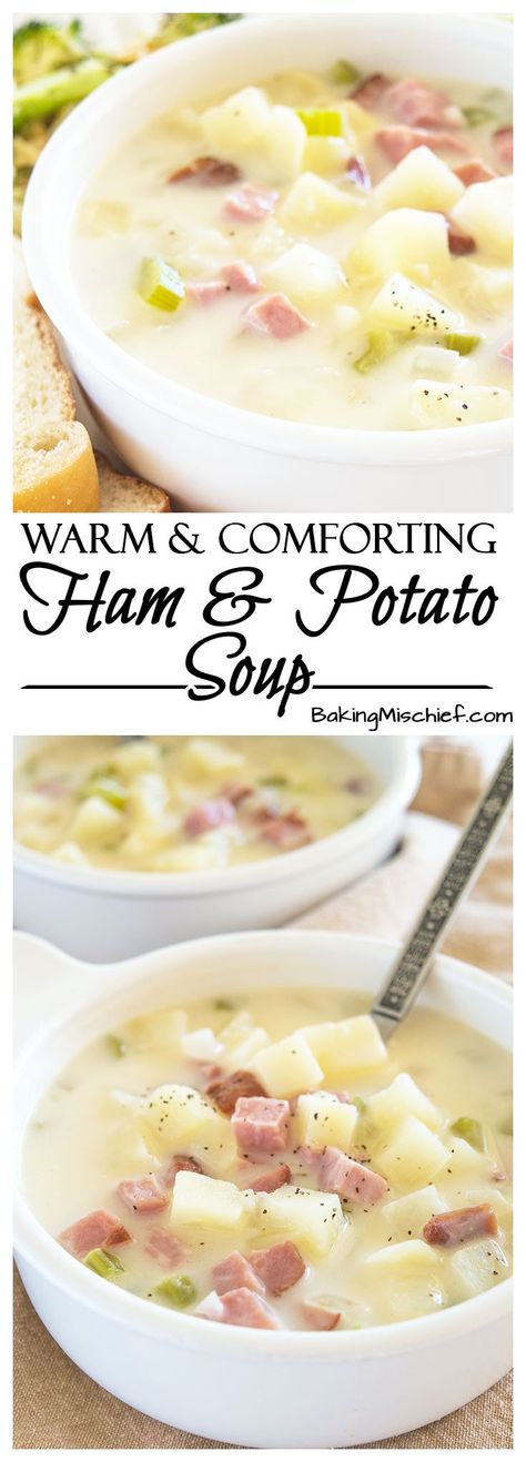 Easy and Comforting Ham and Potato Soup - Pure comfort food in a bowl. Easy, fast, and low-calorie, this is one of my favorite busy weeknight meals. Recipe includes nutritional information and make-ahead instructions. From BakingMischief.com Busy Weeknight Meals, Healthy Ham, Ham And Potato Soup, Recipes Potato, Ham Potato, Leftover Ham Recipes, Drink Party, Ham Soup, Potato Soup Recipe