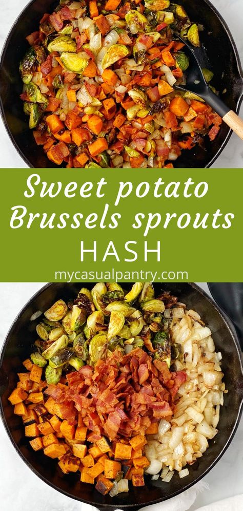 Sweet Potato Breakfast Meal Prep, Brussel Sprout And Sweet Potato Recipes, Brussel Sprouts And Sweet Potato Recipe, Sprouting Sweet Potatoes, Gaps Recipes, Meat Meals, Sides Recipes, Hash Recipe, Potato Hash