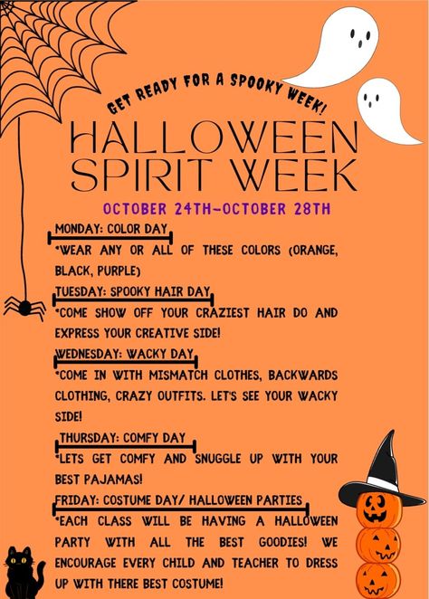 Spirit Week Ideas Halloween, Halloween Dress Up Days For School, Halloween Day At School, Halloween Theme Week Ideas, Halloween Spirit Days For School, Halloween Spirit Week Ideas For Preschool, Preschool Halloween Spirit Week, Halloween Spirit Week Ideas For Daycare, Spirit Week Halloween