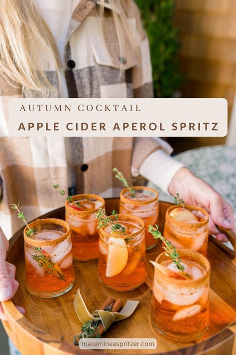 Apple Cider Aperol Spritz ... You're Invited to an Autumn Progressive Dinner - Make Mine a Spritzer Cider Aperol Spritz, Autumn Aperol Spritz Recipe, Apple Aperol Spritz, Apple Cider Aperol Spritz Recipes, Autumn Batch Cocktail, Fall Aperol Cocktail, Apple Cider Spritzer, Autumn Coctails Recipes, Apple Cider Aperol Spritz