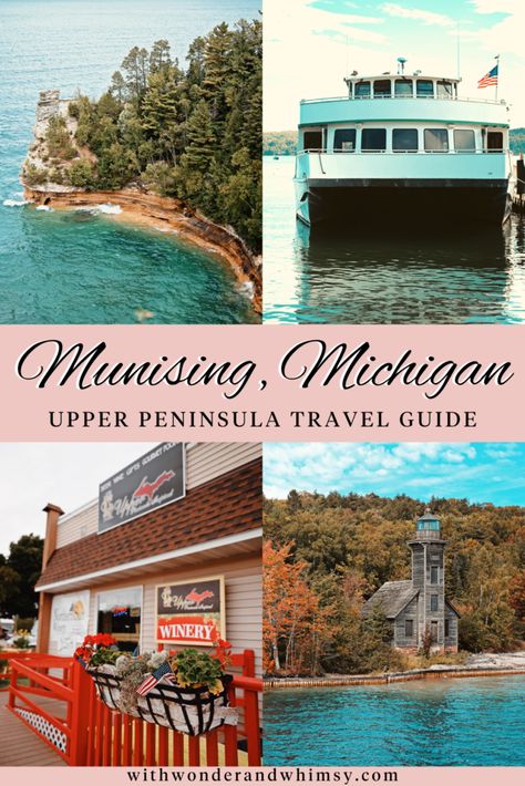 September is a beautiful month to visit Michigan’s upper peninsula! Munising and nearby Au Train are home to dozens of cozy vacation lodges and cabins, just 20 minutes drive from the Pictured Rocks National Lakeshore. Take a glass bottom boat tour to spot underwater shipwrecks, photograph the area's many lighthouses and waterfalls, and sample U.P. wine, mead, poutine, and deep fried cheese curds. Au Train Michigan, Upper Michigan Waterfalls, Pictures Rocks National Lakeshore, Upper Peninsula Michigan Road Trips, The Upper Peninsula Michigan, Deep Fried Cheese Curds, Pictured Rocks Michigan, Michigan Lake House, Cozy Vacation