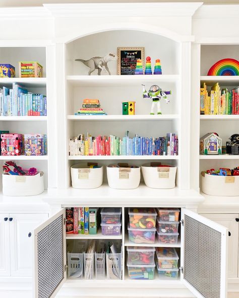 Playroom where everything is in its place = more time for actual play 🙌 ⠀⠀⠀⠀⠀⠀⠀⠀⠀ Giving every item a home ensures that organizational… | Instagram Toy Room Built In Storage, Modern Playroom Storage, Playroom Shelves Wall, Playroom Storage Built In, Built In Cabinets Playroom, Functional Playroom Ideas, French Country Playroom, Multi Purpose Playroom, Bonus Room Playroom Ideas