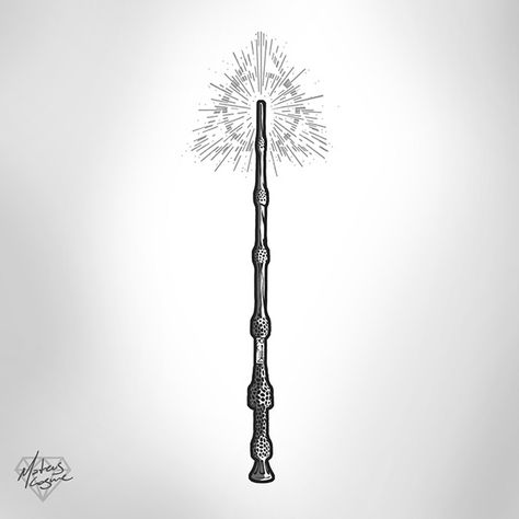 Elder Wand tattoo design on Behance Harry Potter Wands Drawing, Elder Wand Drawing, Harry Potter Wand Drawing, Wand Drawings, Elder Wand Tattoo, Slytherin Tattoo, Harry Potter Elder Wand, Dumbledore Wand, Hand Wand