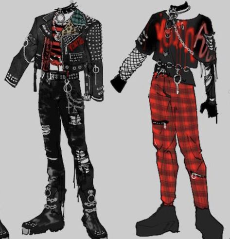 Goth Outfits Men Punk Rock, English Punk Fashion, Hyper Punk Fashion, Punk Outfit Reference, Red And Black Punk Outfits Men, Punk Band Outfits, Red Gothic Aesthetic Outfit, Rock Male Outfit, Alt Goth Outfits Male