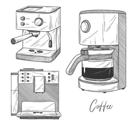 Coffee Machine Illustration Art, Coffee Maker Sketch, Coffee Machine Sketch, Coffee Drawing Ideas, Coffee Machine Drawing, Coffee Maker Drawing, Coffee Maker Illustration, Diy Coffee Maker, Coffee Machine Illustration