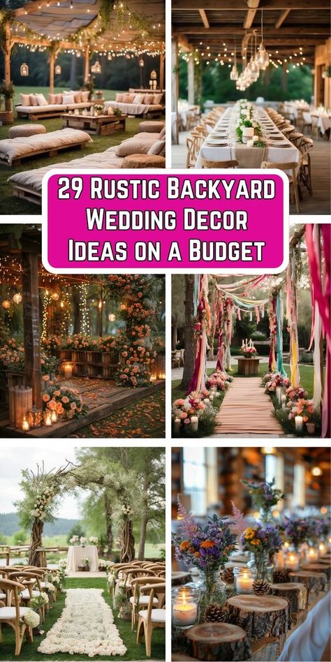 Discover 29 budget-friendly Rustic Backyard Wedding Decor Ideas to create a charming and unforgettable outdoor celebration. From DIY lighting to natural centerpieces, these tips will help you achieve a beautiful rustic ambiance without breaking the bank. Perfect for couples who love the simplicity and warmth of rustic style. Pin now for inspiration and start planning your dream backyard wedding! Backyard Wedding Country Rustic Outdoor, Simple Rustic Outdoor Wedding, Backyard Theme Wedding, Simple Woodsy Wedding Decor, Farm Wedding Decor Ideas, I Do Bbq Decorations Backyards Ideas, Wedding Fire Pit Ideas, Backyard Micro Wedding Decor, Diy Outdoor Wedding Decor