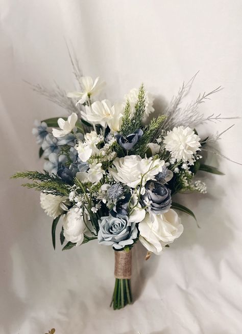 Wedding Flowers For Cheap, White And Navy Bridesmaid Bouquet, Blue Cream Wedding Theme, Sage Green And Dusty Blue Bouquet, Fall Blue Bouquet, Sage Green And Dusty Blue Wedding Bouquet, Blue Flower Wedding Bouquet, Dusty Blue Flowers Bouquet, Dusty Blue Wedding Bouquet Brides