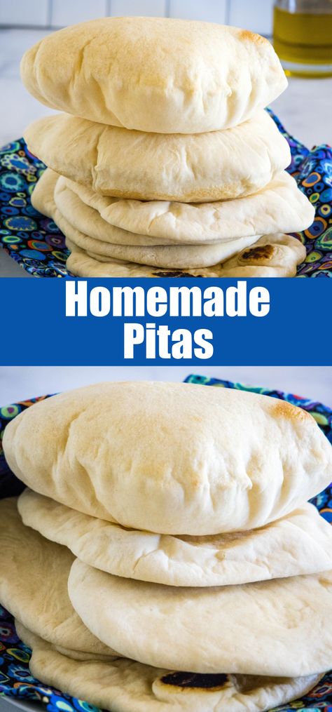 This easy homemade pita bread recipe makes soft and puffy pitas that are great for wrapping and dipping. All it takes is 6 ingredients! #homemade #pitabread #pitas Puffy Pita Bread Recipe, Homemade Pita Pockets, Yogurt Pita Bread Recipe, Pita Pit Recipes, Fluffy Pita Bread, Quick Pita Bread Recipe, How To Make Pita Bread, Pita Bread Recipe No Yeast, Homemade Wraps Recipe