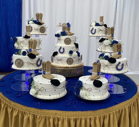 Royal Blue 15 Centerpieces, Charro Quinceanera Theme Blue, 15 Quinceanera Cakes, Blue Charro Quinceanera Decorations, Quince Cakes Charro, Royal Blue Quinceanera Cake Ideas, Navy Blue Charro Quince, Royal Blue Quince Theme Ideas, Cowboy Theme Quinceanera