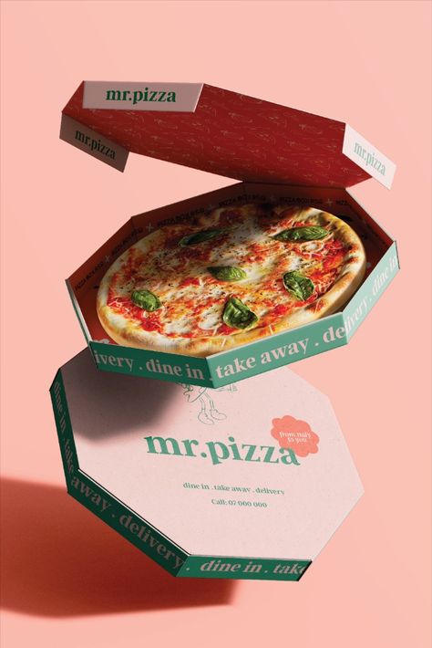 Pizza Logo and Brand Identity and Packaging Design Pizza Box Branding, Pizza Package Design, Pizza Design Ideas Creative, Pizza Shop Branding, Branding Design Restaurant, Pizza Packaging Ideas, Pizza Branding Identity, Pizza Box Design Creative, Pizza Restaurant Design Interior Ideas