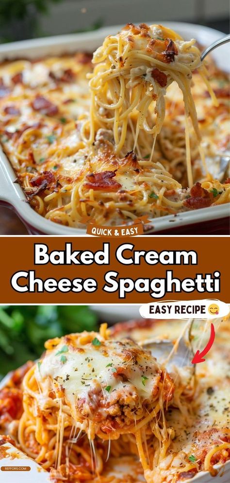 Baked Cream Cheese Spaghetti combines the comfort of pasta with a creamy, cheesy sauce. It’s an easy, satisfying meal that’s perfect for weeknights, offering a rich and delicious twist on a classic favorite. #ComfortFood #PastaLover #EasyDinners Pasta Dishes Baked, Creamy Spaghetti Bake, Spaghetti Cream Cheese Recipes, Cream Cheese In Oven, What To Make With Spaghetti Noodles, Recipes With Cream Cheese Dinner, Recipes Using Spaghetti Sauce, Baked Spaghetti With Alfredo Sauce, Spagetti Casseroles Baked