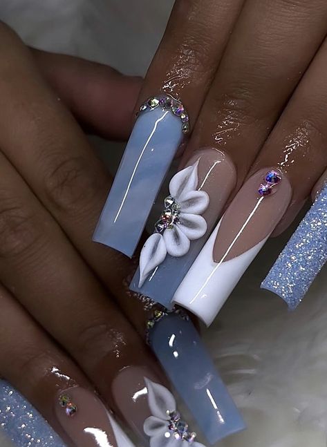 Cinderella Blue Nails For Prom, Nail Art With Rhinestones Simple, Navy Blue Nail Designs For Prom, Blue Inspired Nails, Medium Length Nails Acrylic Square Design, Vacation Nails Long, Quince Nails Pink, Promotion Nails, Cinderella Nails