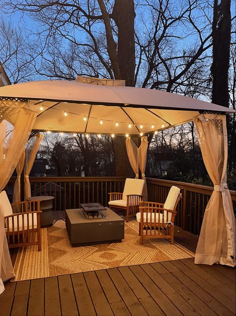 Deck set up with globe lights, fire table, gazebo patio tent Gazebo On Balcony, Tent Gazebo Ideas Backyards, Backyard Canopy Ideas Gazebo, Gazebo Tent Ideas Backyard, Deck Tent Ideas, Outdoor Tent With Lights, Back Deck Gazebo Ideas, Gazebo With Fairy Lights, Deck Sitting Area Ideas