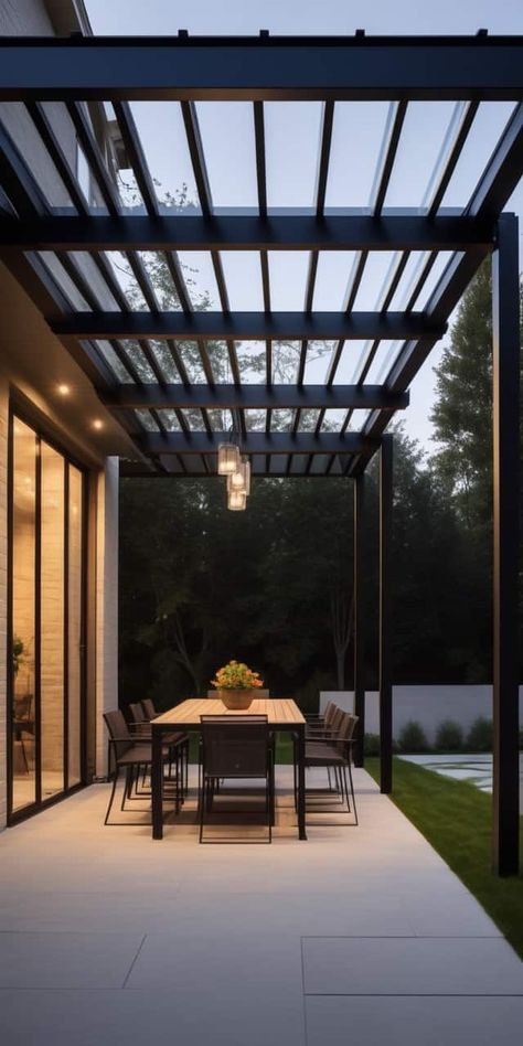 Incorporating 11 Stunning and Practical House-Attached Pergolas - Peak Patio Life Modern Patio Pergola, Metal Pergola Attached To House, Black Pergola Attached To House, Black Metal Pergola, Modern Outdoor Pergola, Metal Pergola With Roof, Pergola Next To House, Two Story Pergola, Glass Pergola Ideas