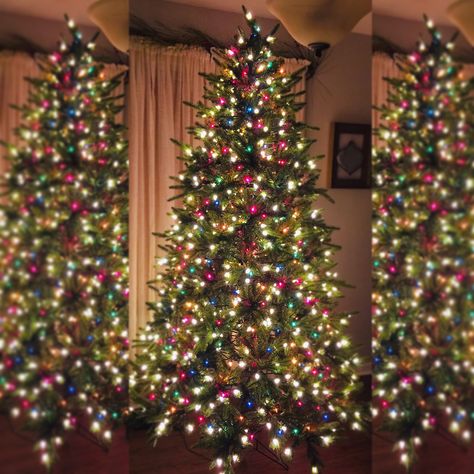 Went with a mix of traditional multi color lights, and larger warm white LED lights to create the perfect look for our family tree this year. I think it looks pretty magical...and the girls do, too! Ornaments For Multi Colored Lights, Christmas Tree White And Colored Lights, Tree With Colored Lights Christmas, Color Tree Lights, Christmas Tree Decor Ideas With Multi Color Lights, How To Decorate A Christmas Tree With Colored Lights, Christmas Tree Themes Multi Color Lights, Multicolor Christmas Tree Lights, Colored Christmas Tree Lights Ideas