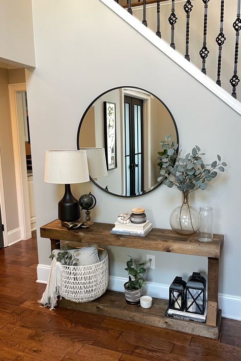 Entryway Console Table Decor -  Thinking of switching this entry up a bit! Before and after coming up. What would you change? #decor #foyer #targetfinds #ltkhome #ltkxwayfair Home Small Entrance Decor, Tiny Entry Way Table, Console Table Organization, Interior Design Front Entry, Entryway Ideas Next To Stairs, Entryway Tables Decor, Entry Table By Stairs, Farmhouse Modern Entryway Ideas, Floating Shelves In Entryway