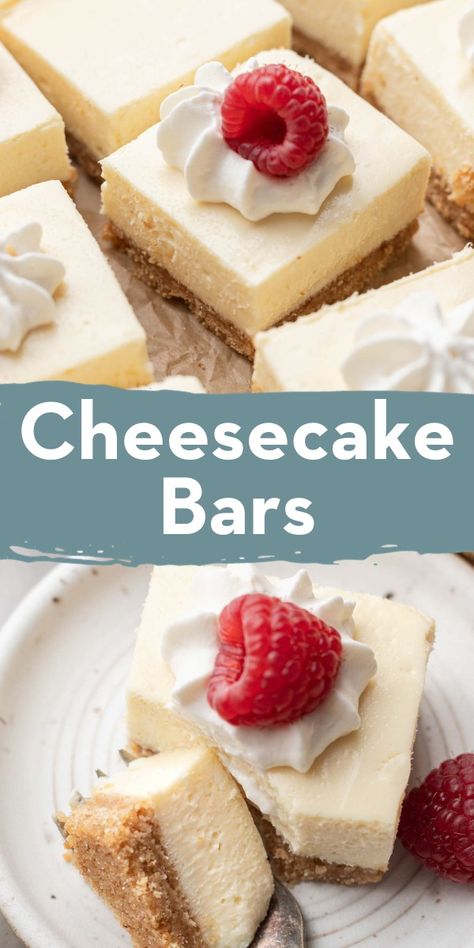 These easy cheesecake bars taste like your favorite creamy homemade cheesecake, minus the water bath! It's a classic dessert that's perfect for celebrations, weekday snacking, or gifting. Smitten Kitchen Cheesecake Bars, 9x13 Cheesecake Recipes Easy, Cheesecake Squares Recipes Easy, Weekday Dessert Ideas, Sheet Pan Cheesecake Bars, 9 X 13 Cheesecake Recipe, Cheesecake Bar Recipes Easy, Sheet Cheesecake Recipes, Healthy Cheesecake Bars