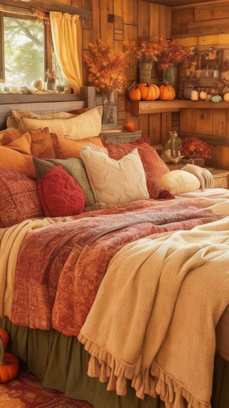 Vintage Fall Bedroom, Fall Colored Bedroom Ideas, Fall Bedroom Colors, Pumpkin Spice Bedroom, Fall Decor Rustic, House Fall Decorations, Fall Bedroom Aesthetic Autumn, Pumpkin Bedroom Decor, Fall Color Bedding