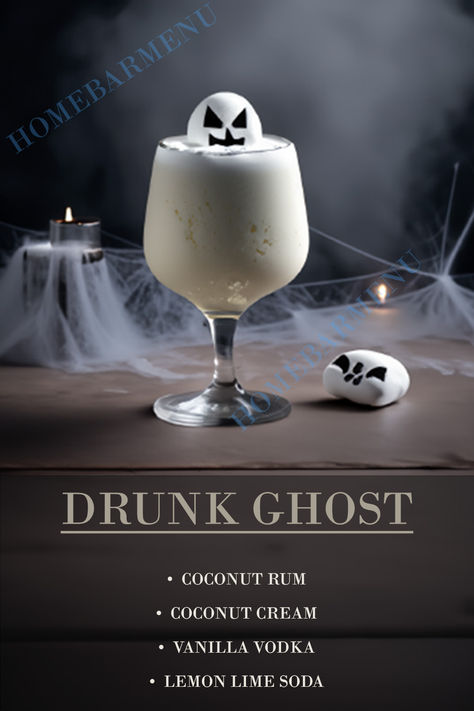 Drunken Ghost Cocktail, Drunk Ghost Cocktail, Cocktails Aesthetic Recipe, Spooky Cocktails Drink Recipes, Horror Themed Alcoholic Drinks, Drunk Ghost Drink, Cocktail Ideas Party, Spooky Drinks Alcohol, Simple Alcoholic Drinks