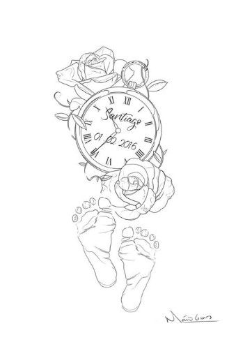 Footprints time of birth clock name flowers tattoo.  Floral. Mama. Mutterschaft Tattoos, Shen Long Tattoo, Baby Tattoo Designs, Baby Name Tattoos, Mom Tattoo Designs, Mommy Tattoos, Tattoo Outline Drawing, Mother Tattoos, Inspiration Tattoos