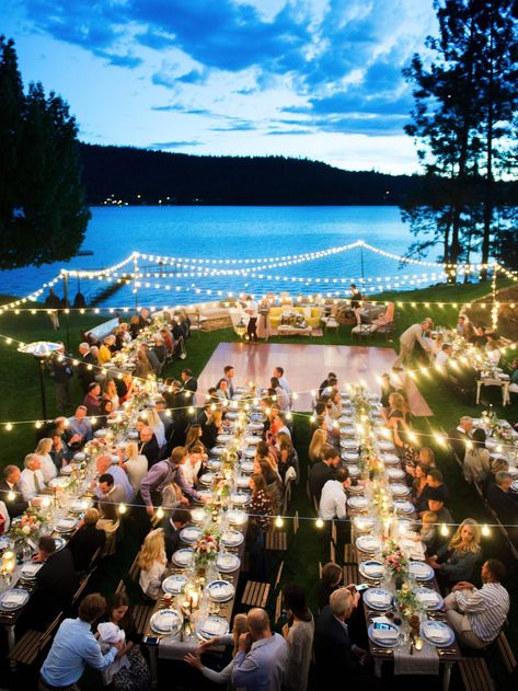 Woodland & Waterfront Pacific Northwest Wedding Inspired by Colorful Florals via Pacific Weddings Selamat Hari Valentine, Lake House Wedding, Lake Como Wedding, Outdoor Dinner, Lakeside Wedding, Lake Tahoe Weddings, Waterfront Wedding, Tahoe Wedding, Beach Wedding Decorations