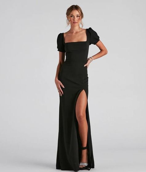 Formal Sleeve Dresses, Long Formal Dresses Long Sleeve, Formal Dresses With Sleeves Long, Formal Dresses Long With Sleeves Maxi, 20s Bridesmaid Dresses, Fall Wedding Guest Dress Edgy, Formal Puff Sleeve Dress, Modest Homecoming Dresses Long Sleeve, Black Square Neck Dress Long